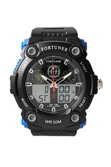 Fortuner Dual Time Jam Tangan Pria - Hitam-Biru - Strap Karet - FR3229