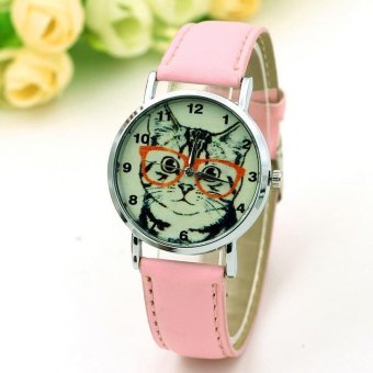 CE glasses cat watch female models digital scale Europe and the United States explosion models belt ladies watch fashion single product watch selling single product round dial Pink strap pattern dial - intl