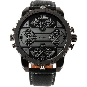 3233 Pria Quartz Jam tangan Kulit Strap 4 Zona Waktu Oversize Aksesoris berbentuk Bezel Watch - intl