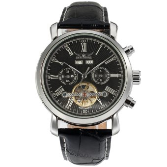 JARGAR Calendar Tourbillon Luxury Men's Automatic Steampunk Watch black genuine leather strap(Silver/Black)