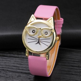 CE glasses cat belt watch female models watches Europe and the United States jewelry leisure Europe and the United States explosive fashion single product watch selling single product round dial Pink strap pattern dial - intl