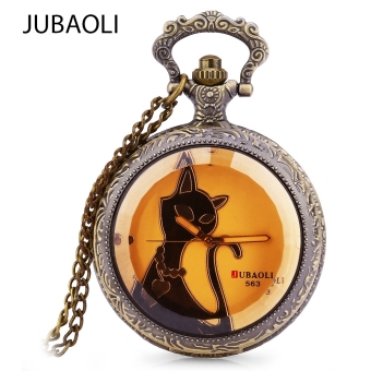 JUBAOLI 563 - 1 Vintage Pocket Quartz Watch Transparent Solid Front Cover Cat Pattern Necklace Wristwatch - intl