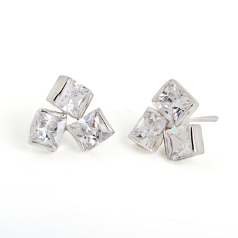 Pair of Cube Style Women's Girls Zircon Decored Eardrop Earrings Ear Studs Silver