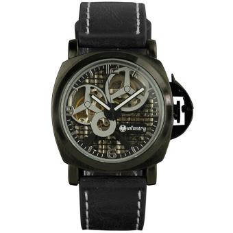 INFANTRY Mens Skeleton Mechanical Wrist Watch Steampunk Tactical Black Leather