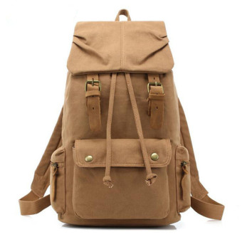 AUGUR Canvas Backpack Straw String Outdoor Mountain Travel Bag Washed Canvas Bag with Leather Camping Rucksack Men Women Black(Tan) - intl