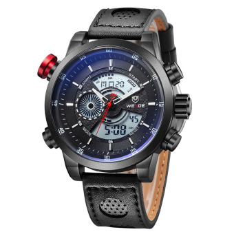 WEIDE WH-3401 Men' Luxury Genuine Leather Strap Quartz Digital LCD Back Light Military Sport Wristwatch - Black+White