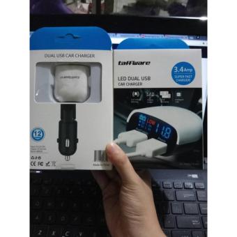 Car Charger Dual USB with LCD & Voltmeter Black White - Taffware- Aksesoris HP & Aksesoris Mobil