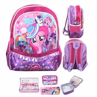 BGC My Little Pony Pinkie Pie Full Sateen Gilter Renda Tas Ransel Anak Sekolah TK + Lunch Bag Aluminium Tahan Panas + Kotak Pensil Alat Tulis - Purple Pink