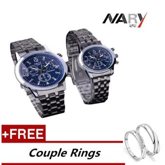 NARY 6033 Dial klasik sepasang kekasih pria wanita lengkap jam tangan Stainless Steel kuarsa biru (dengan gratis yang dapat pecinta cincin) - International