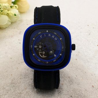 CE gear turn second hand imitation mechanical male watch square silicone watch sports watch fashion single product watch selling single product round dial black strap blue dial - intl