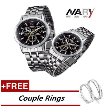 NARY 6033 Dial klasik sepasang kekasih wanita pria kuarsa jam tangan Stainless Steel Full hitam (dengan gratis yang dapat pecinta cincin) - International