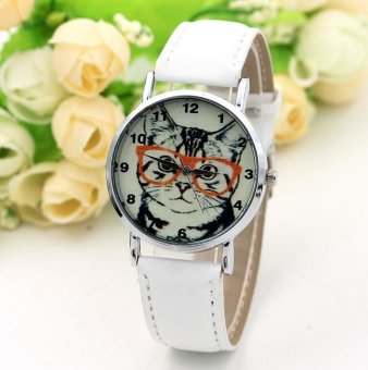 CE glasses cat watch female models digital scale Europe and the United States explosion models belt ladies watch fashion single product watch selling single product round dial White strap pattern dial - intl