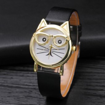 CE glasses cat belt watch female models watches Europe and the United States jewelry leisure Europe and the United States explosive fashion single product watch selling single product round dial black strap pattern dial - intl