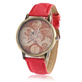 CE bronze map aircraft second hand watch female models two needle dial denim female watch fashion table fashion single product watch selling single product round dial Red strap pattern dial - intl