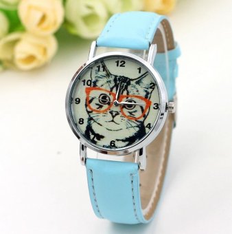 CE glasses cat watch female models digital scale Europe and the United States explosion models belt ladies watch fashion single product watch selling single product round dial Blue strap pattern dial - intl