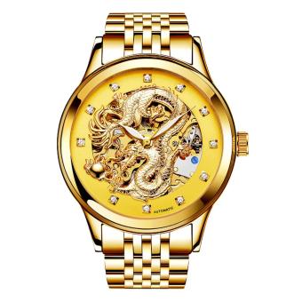 NARY Gold Watches Men 3D Chinese Dragon Mechanical Skeleton Rhinestones Watch - intl