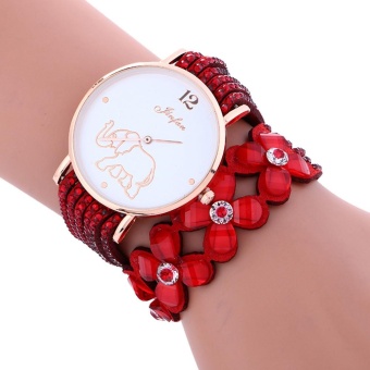 Fashion Elephant Pattern Chimes Diamond Leather Bracelet Lady Womans Wrist Watch - intl