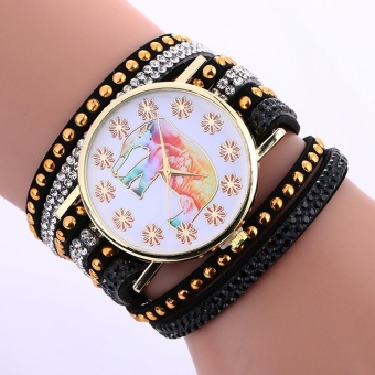 Fashion Elephant Pattern Chimes Leather Bracelet Lady Womans Wrist Watch BK - intl
