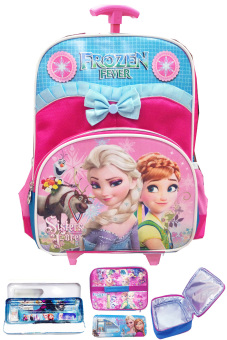 BGC Disney Frozen Fever Elsa Anna Kantung Depan Tas Troley Anak TK + Lunch Bag + Kotak Pensil + Alat Tulis - Blue Pink Pita Renda