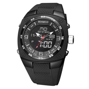 BOAMIGO 3741 Multifunctional 3ATM Waterproof Squared Dial Dual Movement Quartz and Digital Dual-time Display Wrist Watch with Silicone Band and Luminous and Stopwatch and Alarm and Week Display and Calendar Display Functions(Black) (Intl)