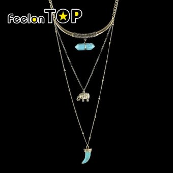 Feelontop Tibetan Design Multilayers Elephant Resin Stone Pendant Long Necklaces(g-blue)