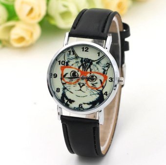 CE glasses cat watch female models digital scale Europe and the United States explosion models belt ladies watch fashion single product watch selling single product round dial black strap pattern dial - intl