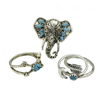Vintage Style Antique Silver with Blue Enamel Turquoise Elephant Finger Rings sets Moon Arrow Geometric Rings - intl