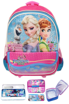 BGC Disney Frozen Fever Elsa Anna Kantung Depan Tas Troley Anak Sekolah TK + Lunch Bag Aluminium Tahan Panas IMPORT Timbul + Kotak Pensil + Alat Tulis - Blue Pink