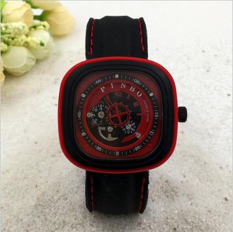 CE gear turn second hand imitation mechanical male watch square silicone watch sports watch fashion single product watch selling single product round dial black strap red dial - intl