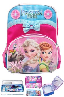 BGC Disney Frozen Fever Elsa Anna Pita Renda Tas Ransel Anak TK + Lunch Bag + Kotak Pensil + Alat Tulis - Blue Pink