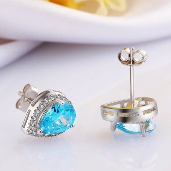 Female Blue Topaz Gemstone Jewelry Pear Cut Solid 925 Sterling Silver Earrings Stud