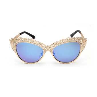 Sunglasses Women Mirror Cat Eye Retro Sun Glasses Blue Gold Color Brand Design (Intl)
