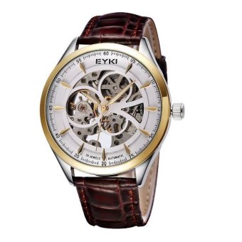 EYKI Transparent Back Case Automatic Mechanical Movement Men Leather Band Watches Gold Brown