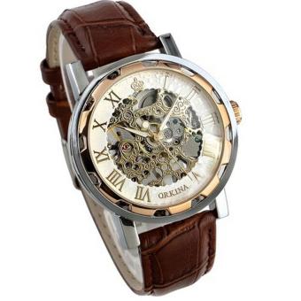 Luxury Mans Leather Band Stainless Skeleton Mechanical Wrist Watch Rose Gold(NA)