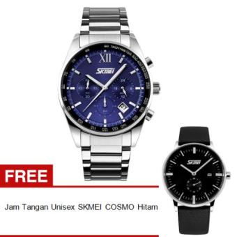 SKMEI Seize 9096CS Jam Tangan Pria - Biru - Rantai Stainless Steel - Blue Edition + Free Jam Tangan Unisex SKMEI Cosmo 9083 Hitam