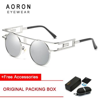 AORON Brand Unique Design Polarized Sunglasses Men's Round Glasses Women Gothic Anti-UV Sunglasses (Silver Frame+Silver Lens) [Buy 1 Get 1 Freebie] - intl