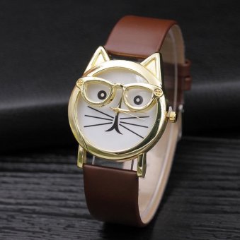 CE glasses cat belt watch female models watches Europe and the United States jewelry leisure Europe and the United States explosive fashion single product watch selling single product round dial Brown strap pattern dial - intl