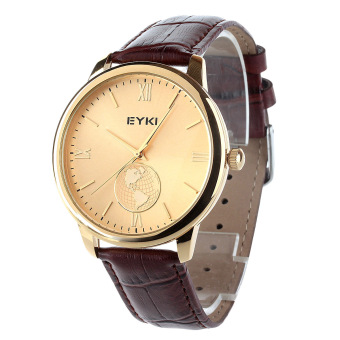 EYKI Fashion Couple World Map Gold Dial Brown PU Leather Quartz Wristwatches (Brown)