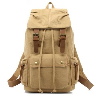 AUGUR Canvas Backpack Straw String Outdoor Mountain Travel Bag Washed Canvas Bag with Leather Camping Rucksack Men Women Black(Khaki)-intl