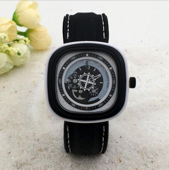 CE gear turn second hand imitation mechanical male watch square silicone watch sports watch fashion single product watch selling single product round dial black strap white dial - intl