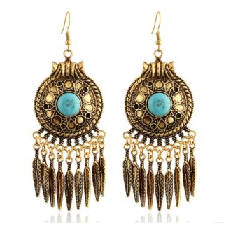 LoveU Woman Unique Bohemian Retro Feather Fringed Leaf Turquoise Earrings intl