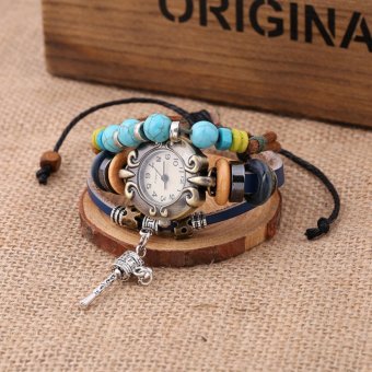 CE New Retro Leather Bracelet Table Hot Section Of The Drum Through The Leather Bracelet Watch Men And Women Watch Retro Watch Men And Women Leather Watch Punk Blue - intl