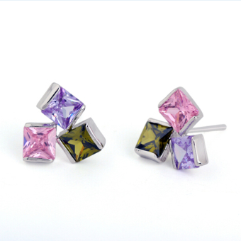 Pair of Cube Style Women's Girls Zircon Decored Eardrop Earrings Ear Studs