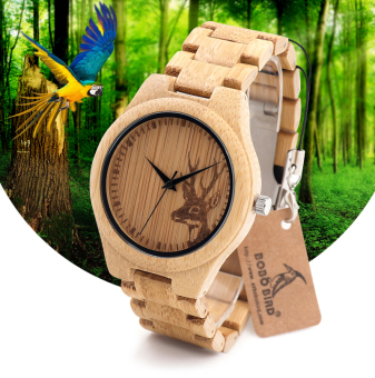 BoboBird All Wood Deer Dial with Wood Bamboo Band Men's Fashion Quartz Watches(Brown)