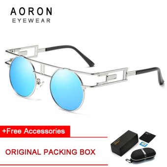 AORON Brand Unique Design Polarized Sunglasses Men's Round Glasses Women Gothic Anti-UV Sunglasses (Silver Frame+Blue Lens) [Buy 1 Get 1 Freebie] - intl