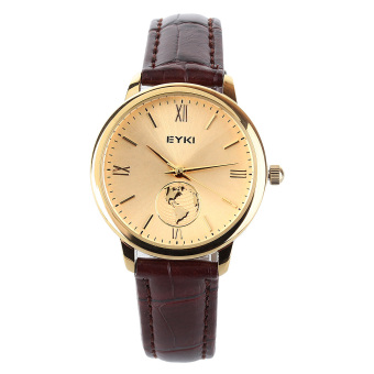 EYK Fashion Couple World Map Gold Dial Brown PU Leather Quartz Wristwatches (Brown)