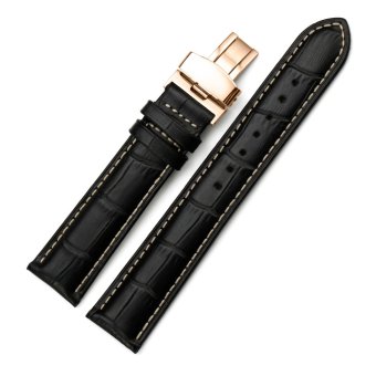 iStrap 19mm Cow Leather Watch Band Mens Strap Tan Stitch W/ Rose Gold Metal Deployment Buckle Black  