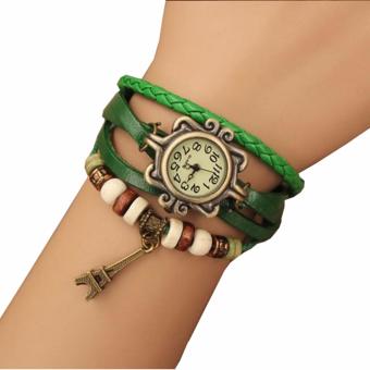 Jam Tangan Gelang Wanita Leather Strap Leaf Style Women Watc - Hijau  