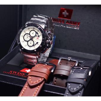 Jam Tangan Pria Original Swiss Army Dhc Chrono Aktif Free Strap Leather - Silver White  