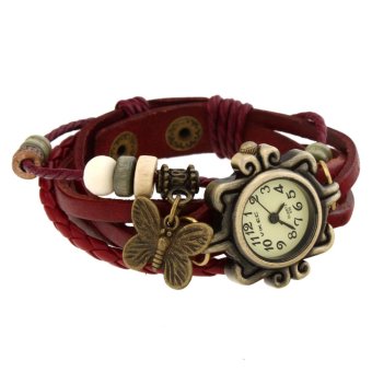 Kupu-Kupu Gadis Vintage Retro Gelang Kulit Imitasi Kuarsa Jam Tangan Tenun Merah  